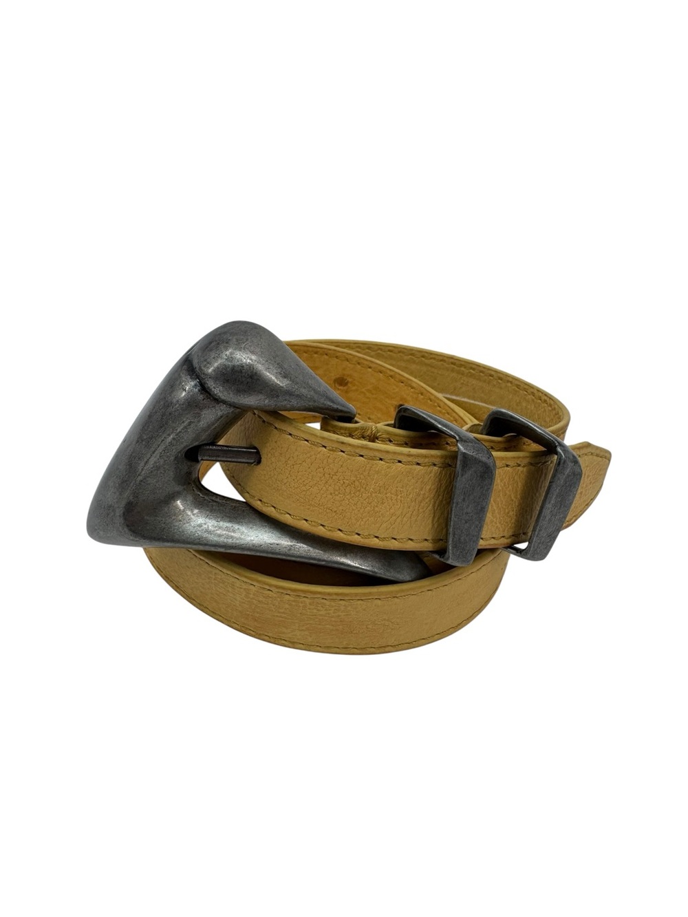 Free People Yellow Leather Belt Chunky Pewter Western Buckle S/M Boho Cowgirl